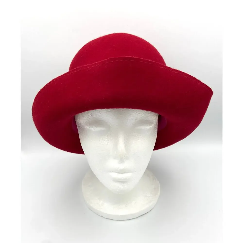 Vintage Liz Claiborne Red Wool Cloche Hat with Mink Fur Trim and Beaded Accent